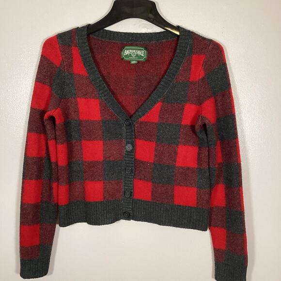 American Eagle Red Grey Plaid Buffalo Check Button Cardigan Large Fall Thick - Picture 2 of 7